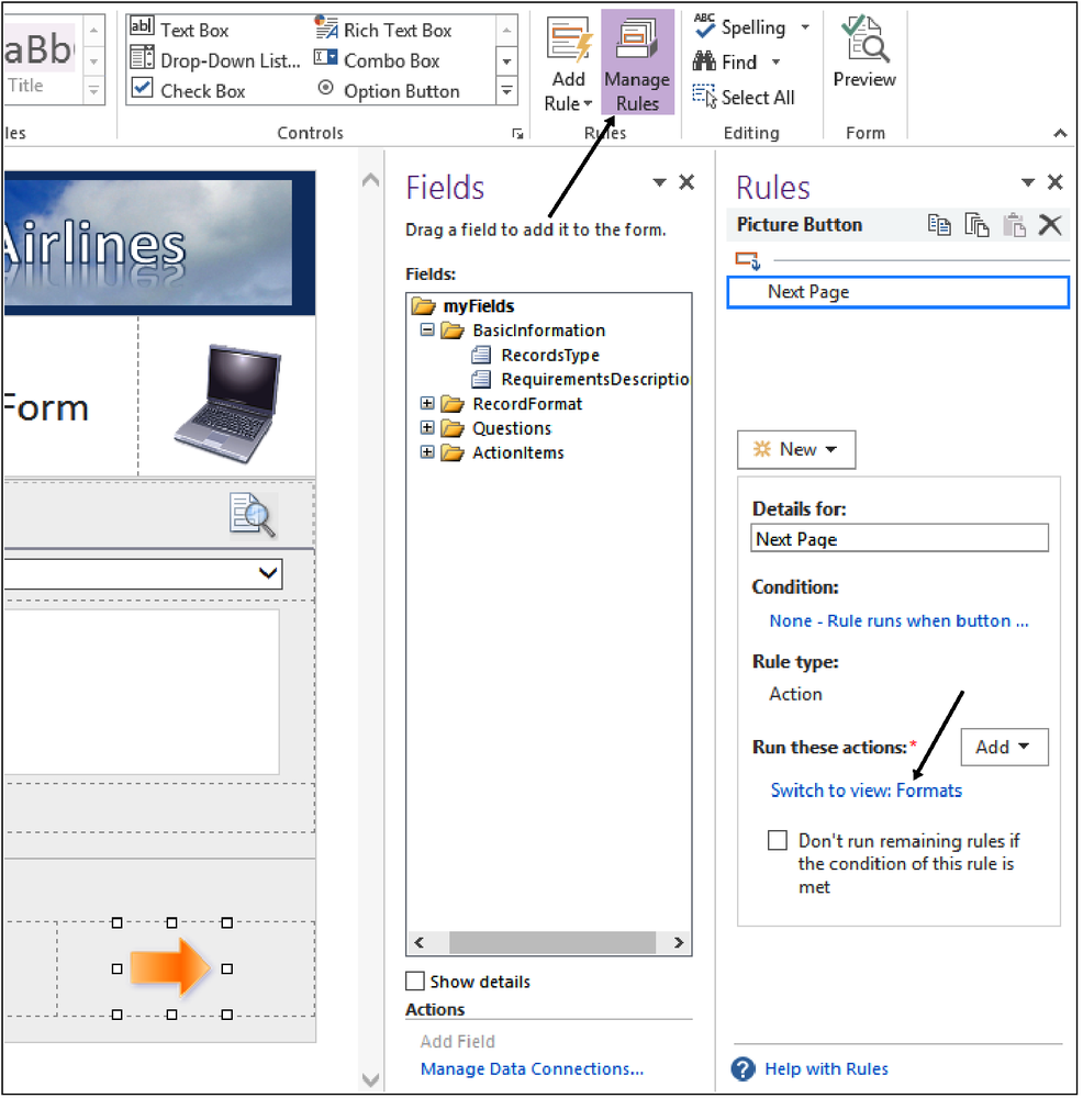 A screenshot showing the Rules pane which has been opened by using the Manage Rules button on the InfoPath ribbon.