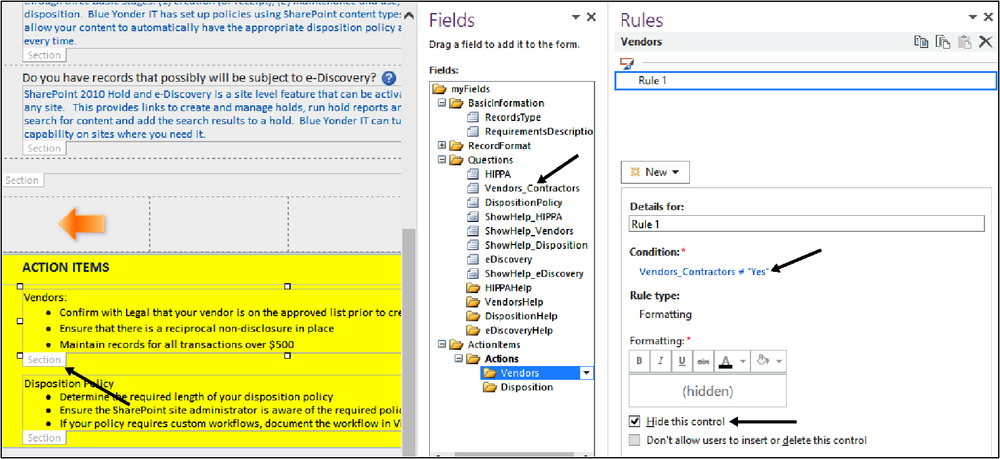 A screenshot showing the Rules pane of a Formatting rule being applied to the vendors text section on the Site Request form.