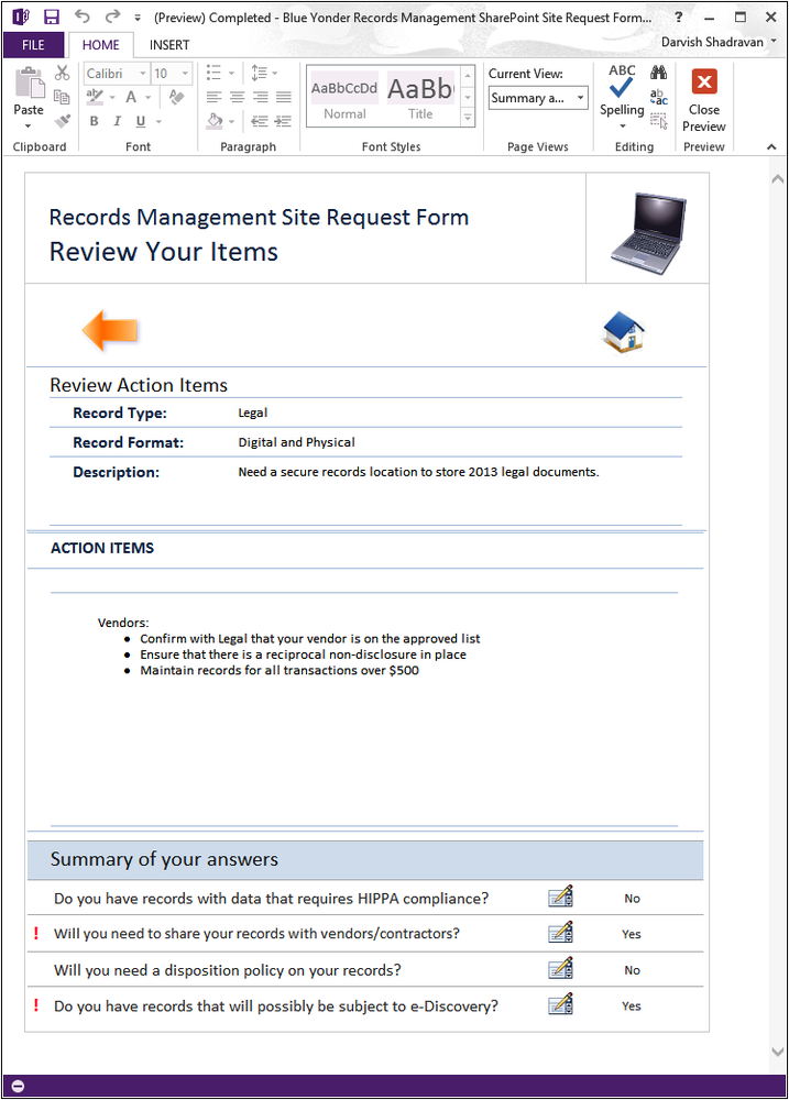 A screenshot showing the Summary view of the Site Request form. On this view, the user is being presented a summary of their selections throughout the previous portions of the form.