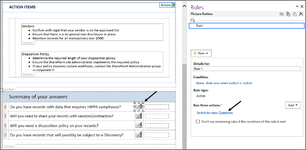 A screenshot showing a Switch View rule being applied to a Picture Button on the Summary view. The Rules pane is activated on the right portion of the screen.