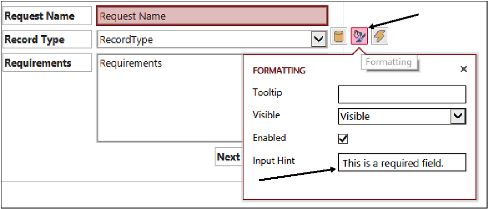 A screenshot showing an input hint on the Request Name field of the Home view of the Site Request form. The input hint is being used to indicate to the form user that the field is required.