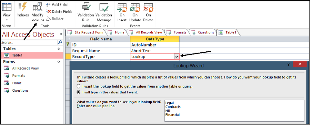 A screenshot of the Record Type drop-down field of the Home view of the Site Request form. The field is being edited in Access so that various text options will be available in the drop-down list for the form user.