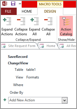 A screenshot of the macro, which is instantiated when a user clicks the arrow graphic in the Site Request form. The macro shows that when a user clicks the arrow, they will be taken to another view.