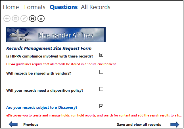 A screenshot showing the third view of the form, which is named Questions. The screenshot is showing the view in run time as the user would actually see it when filling out the form.