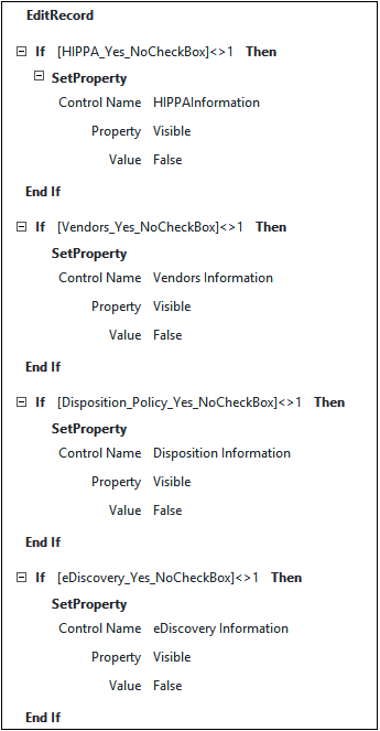 A screenshot showing the details of the macro which runs when the Questions view of the Site Request form is loaded.