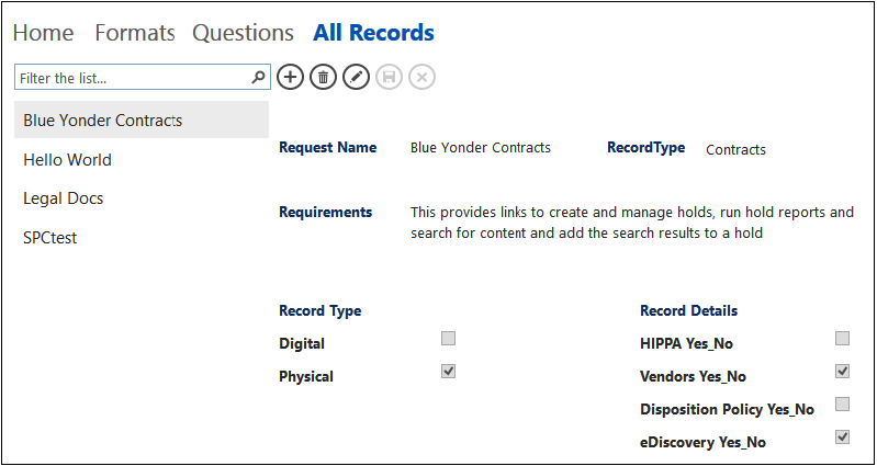 A screenshot of the All Records view of the form. The form is being displayed in run-time view as the form user would actually see it when working with the form in a browser. This view is illustrating that the user can easily navigate between different site request records in the database.