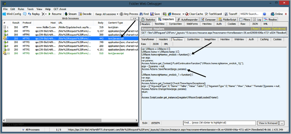 A screenshot showing the Fiddler tool being used to monitor the http traffic created when an InfoPath browser form is used on the network. The user is currently viewing JavaScript within the form by utilizing the TextView tab in Fiddler.