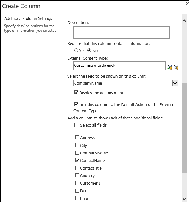 A screenshot of the Create Column page displaying the Additional Column Settings section.