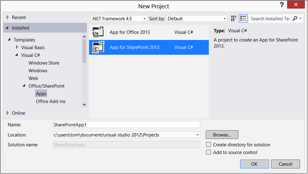 A screenshot of the New Project Dialog in Visual Studio 2012 showing the app for SharePoint 2013 selection.