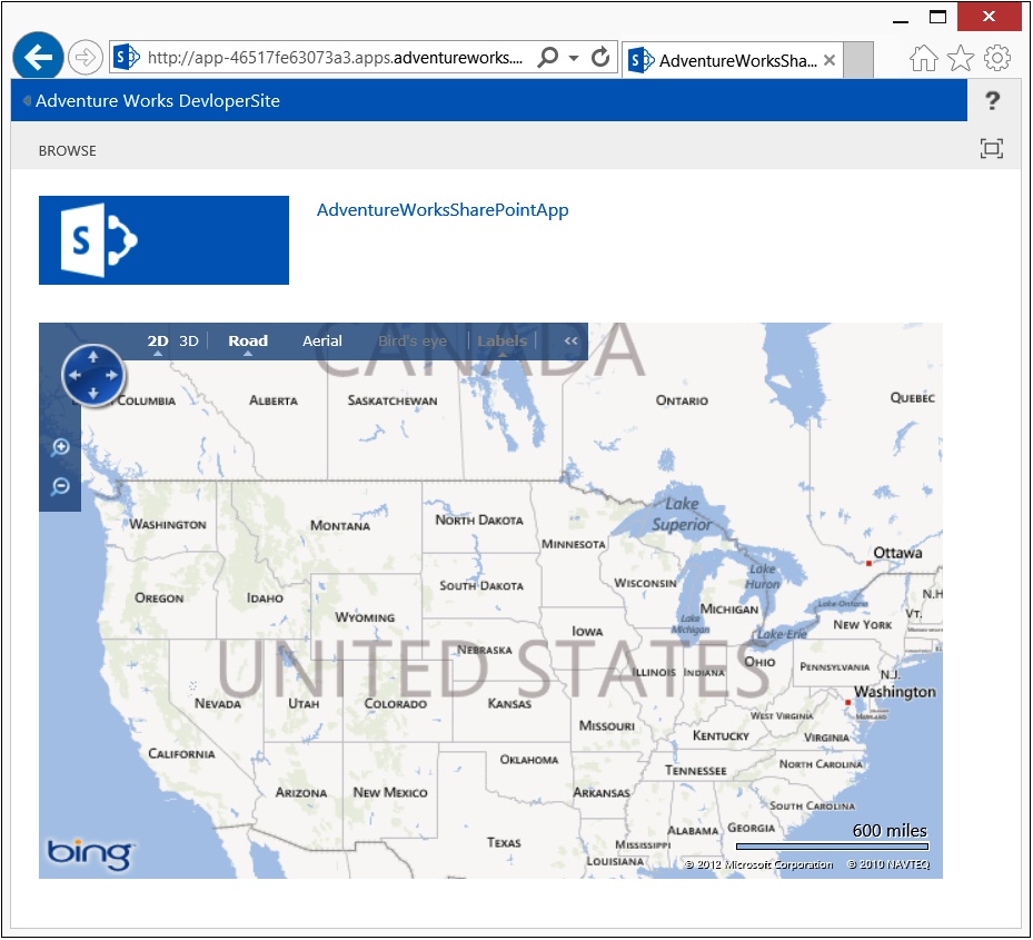 A screenshot of an Internet Explorer window showing a SharePoint app displaying a map of the United States from Bing Maps.