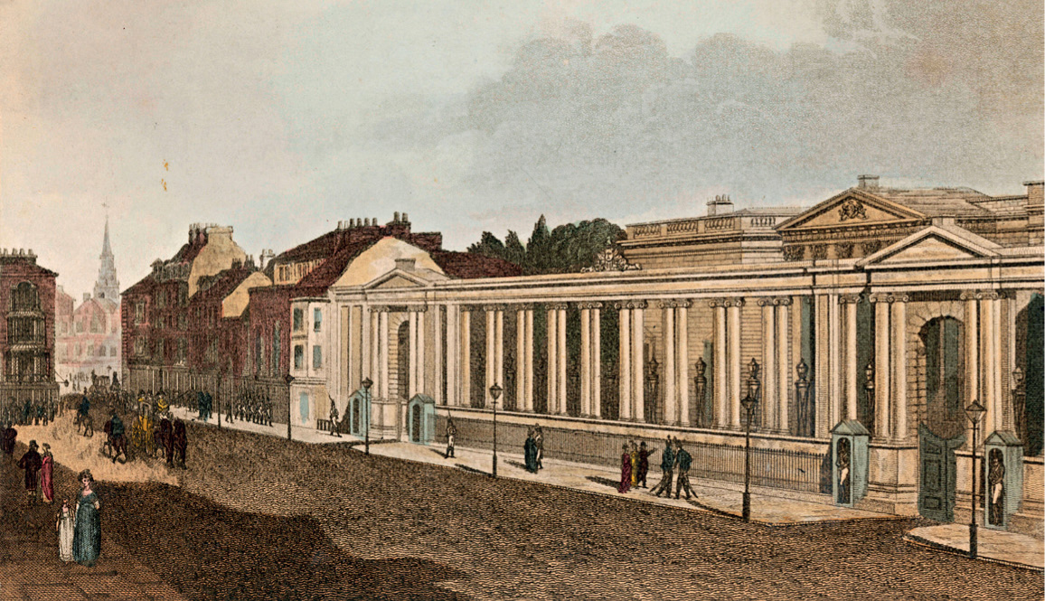 5. Carlton House in a coloured engraving by T. Rowlandson and A. C. Pugin, 1809. The house was demolished in 1824. Later, some of its columns were reused on the front of the National Gallery. 