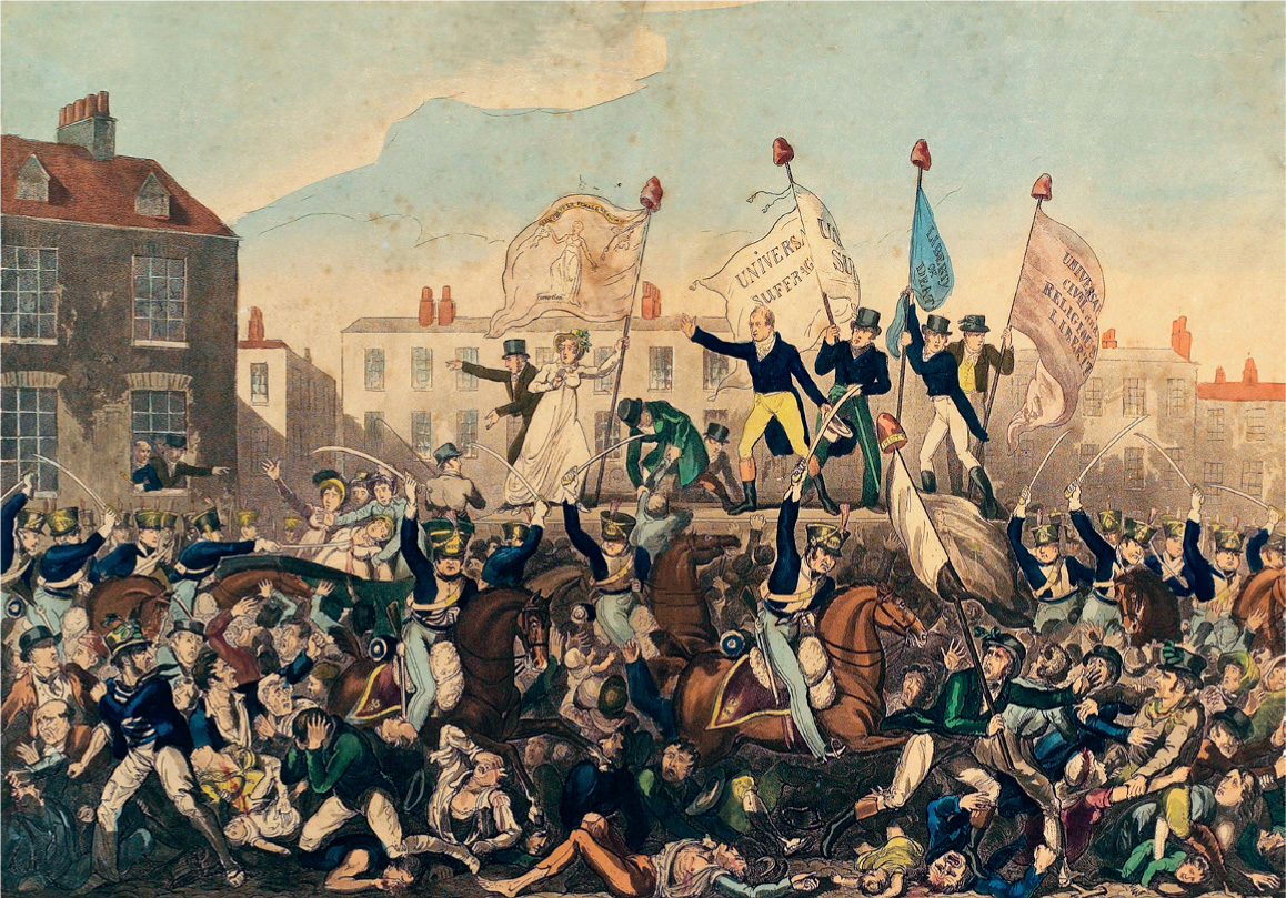 7. The Peterloo Massacre in a coloured engraving published by Richard Carlile, showing the violent military response to the gathering at St Peter’s Field, Manchester, on 16 August 1819.