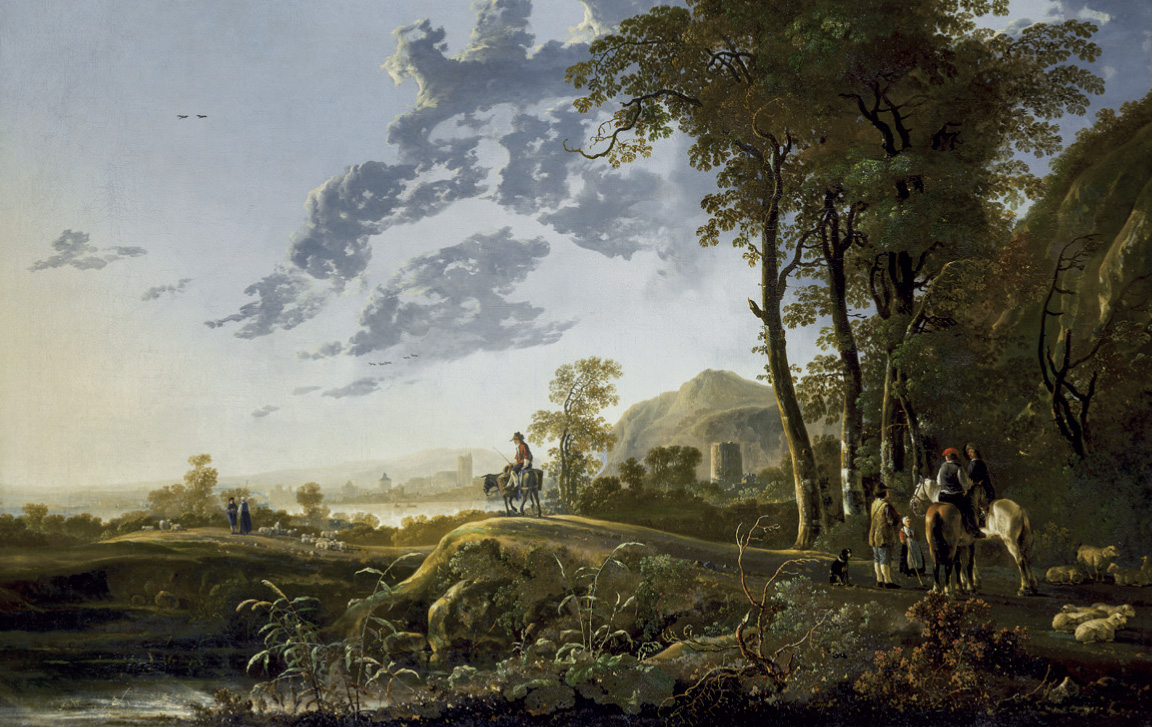 14. An Evening Landscape with Figures and Sheep by Aelbert Cuyp, 1655–9. This exquisitely tranquil scene was in the collection of Sir Thomas Baring before being bought by the Prince Regent in 1814.