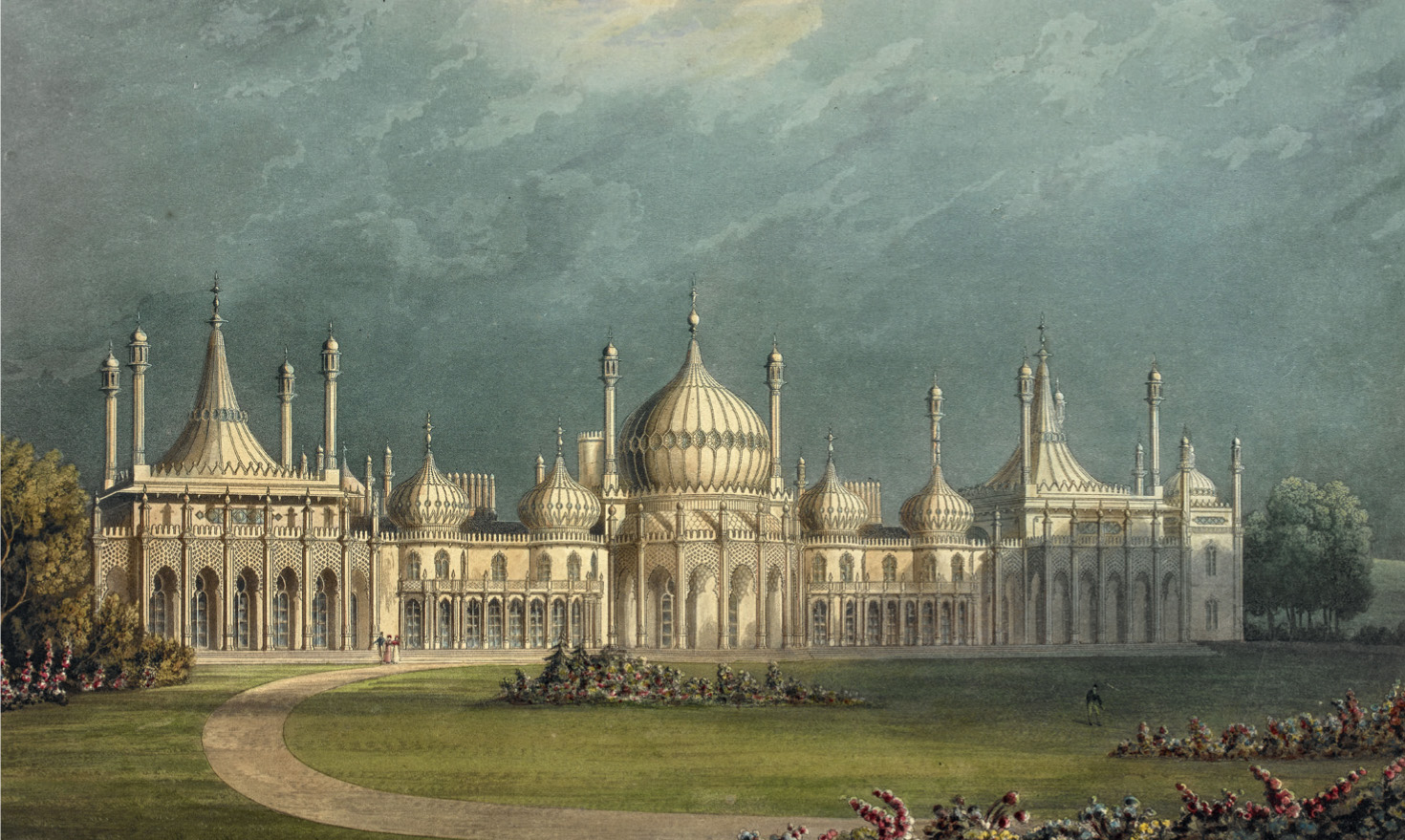 15. The exterior of the Royal Pavilion at Brighton, from John Nash’s Views of the Royal Pavilion, 1826. A fantasy in neo-Mughal style, the Pavilion was likened by one critical visitor to the Kremlin in Moscow.