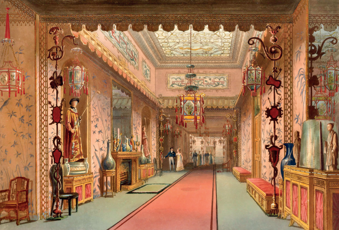 16. The Chinese Gallery in another illustration from Nash’s Views. In contrast to the blinding white exterior, the interior was a riot of colour, with stained glass, statues and giant chandeliers.