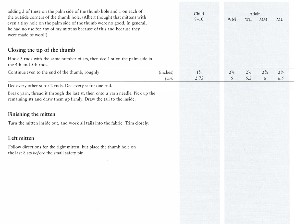 adding 3 of these on the palm side of the thumb hole and 1 on each of the outside corners of the thumb hole. (Albert thought that mittens with even a tiny hole on the palm side of the thumb were no good. In general, he had no use for any of my mittens because of this and because they were made of wool!) Closing the tip of the thumb Hook 3 rnds with the same number of sts, then dec 1 st on the palm side in the 4th and 5th rnds. Continue even to the end of the thumb, roughly Dec every other st for 2 rnds. Dec every st for one rnd. Break yarn, thread it through the last st, then onto a yarn needle. Pick up the remaining sts and draw them up firmly. Draw the tail to the inside. Finishing the mitten Turn the mitten inside out, and work all tails into the fabric. Trim closely. Left mitten Follow directions for the right mitten, but place the thumb hole on the last 8 sts before the small safety pin. (inches) (cm) Child 8–10 1⅛ 2.75 WM 2⅜ 6 Adult WL MM 2½ 6.5 2⅜ 6 ML 2½ 6.5