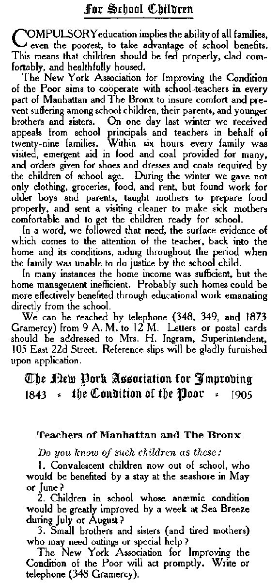 Facsimile of flyer for the New York Association for Improving the Condition of the Poor.