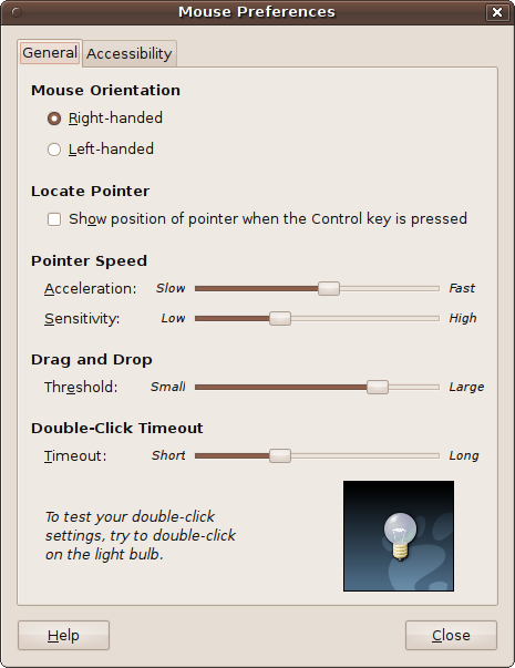 The Mouse Preferences window, set to right-handed by default