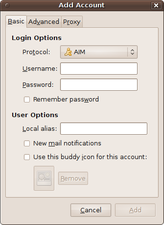 The Pidgin Add Account window