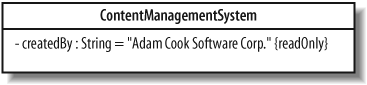 The createdBy attribute in the ContentManagementSystem class is given a default initial value and a property of readOnly so that the attribute cannot be changed throughout the lifetime of the system