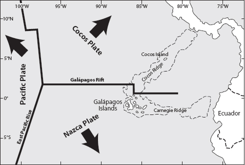 FIGURE C.2. The Galápagos sits near the junction of three major tectonic plates: the Pacific, the Cocos and the Nazca.