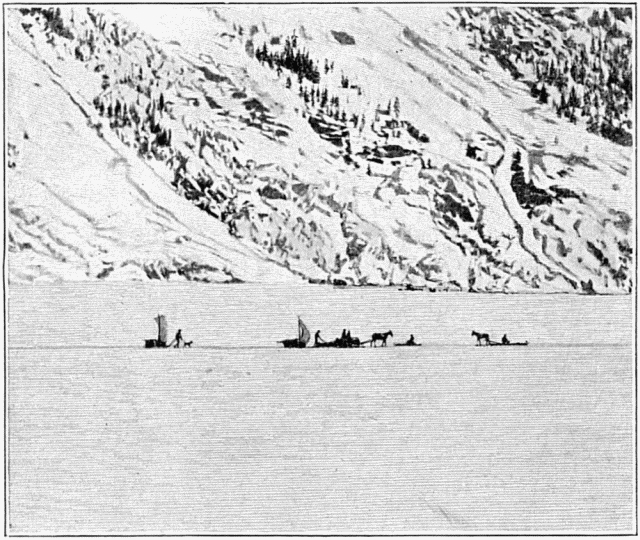 VOYAGEURS SUR LA GLACE DU LAC BENNETT. DESSIN DE TAYLOR, D'APRÈS LA PHOTOGRAPHIE DE M. GOLDSCHMIDT.