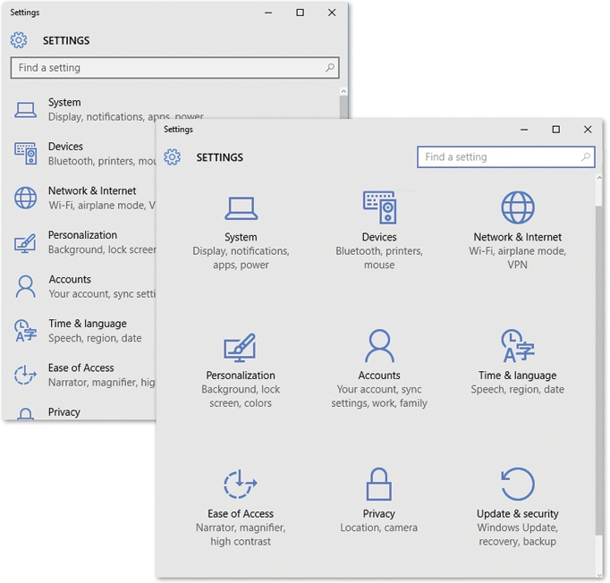 The Settings app looks like the image at right when you first open it. But what’s this? No list view available? Not to worry. If you grab the right edge and drag it inward, making the window narrower, the window redraws itself as a compact list view (left).See the “Find a setting” box at top? It’s for suckers. When Settings is open, just start typing to find a setting you want (you don’t have to click in the search box first).Handily enough, the search produces results both from Settings and from the old Control Panel.