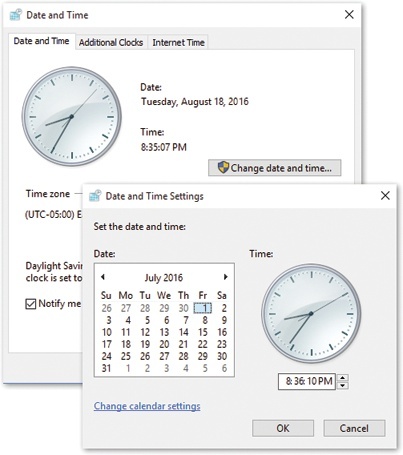 Top: The Date and Time tab has a lovely analog clock displaying the time. You can’t actually use it to set the time, but it looks nice. To make a change to the date or time of the computer, click “Change date and time.”Bottom: At that point, select the correct date by using the calendar. Specify the correct time by typing in the hour, minute, and seconds. Yes, type it; the and next to the time field are too inefficient, except when you’re changing AM to PM or vice versa.