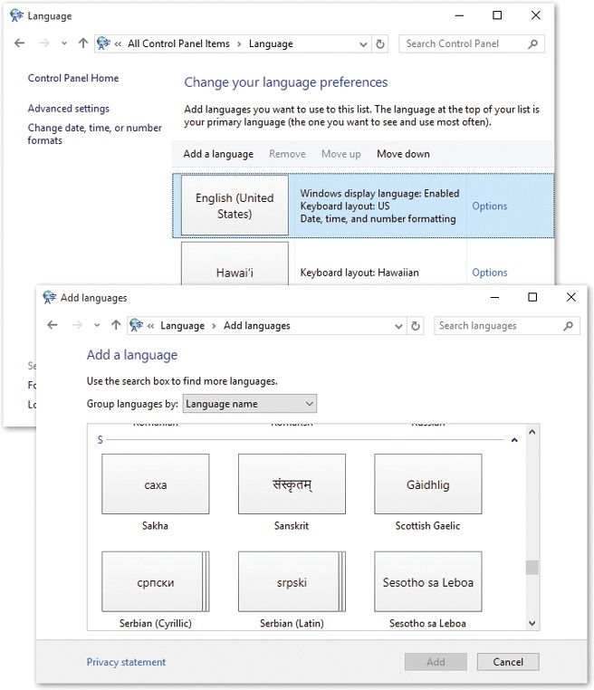 Top: Although all languages that you choose are technically input languages, there can be only one base, default input language. From there you can add new languages (and see what you already have) by clicking “Add a language.”Bottom: Talk about a polyglot! Windows knows more languages than you’ve even heard of.