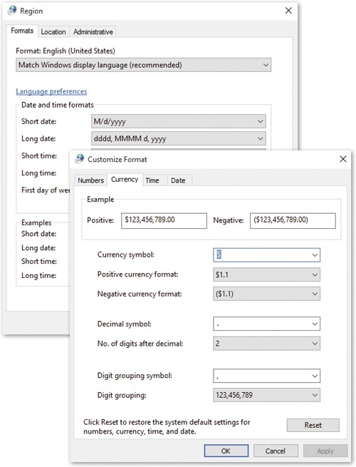 Top: Regional standard format templates are available from the drop-down list in the Formats tab.Bottom: Once you choose a standard format (like US), then you can customize exactly how numbers, currency, time, and dates are handled. Simply click “Additional settings.”