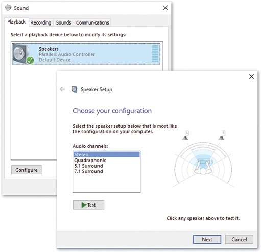 Top: The Playback and Recording tabs display the devices your computer has for playing or recording sounds. If you select the device, you can see its properties or configure it.Bottom: Here are some of the configurations you can set from the Playback tab, from simple stereo to 7.1 surround sound. Your setup may vary.