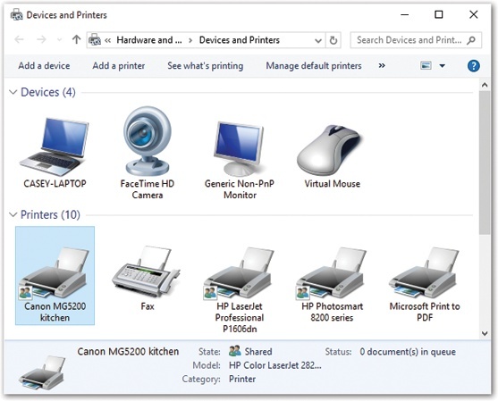 At first, the toolbar in the Devices and Printers window offers few commands. But when you click a particular printer icon, other useful options appear, as shown here. Some of them duplicate the options that appear when you right-click a printer icon.