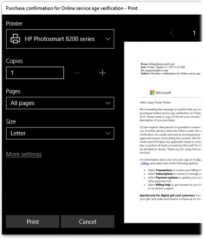 Whereas the traditional Windows Print dialog box looks like a space shuttle cockpit, there’s nothing to set up here except the printer you want to use, number of copies you want, which pages you want to print, and what paper size you’re using.If the printout is longer than one page, you can also use the number box below the page preview to have a glance at a different page of the preview.And if you want to change any of the tweakier settings — page orientation, paper quality, color mode (for color printers), paper tray, and so on — hit “More settings.” But that stuff is generally hidden until you need it, which is probably rarely.