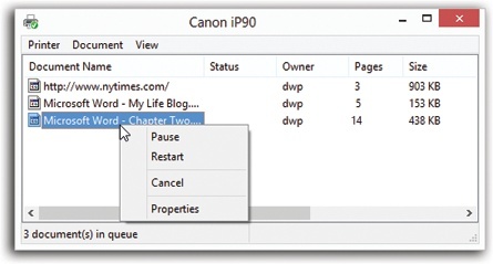 By right-clicking documents in this list, you can pause or cancel any document in the queue — or all of them at once.