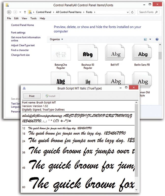 Top: All your fonts sit in the Fonts folder. You’ll frequently find an independent font file for each style of a font: bold, italic, bold italic, and so on.Bottom: To see how a font looks at various sizes and styles, double-click it.