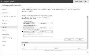 A screen shot of the Delivery Reports page in Exchange Admin Center, showing options for tracking messages.