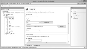 A screen shot of the Internet Information Services (IIS) Console, showing the Logging page for a selected website.