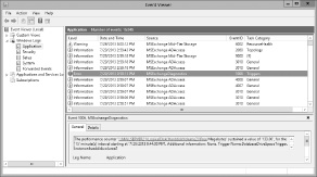 A screen shot of the Event Viewer console, showing the Application log.