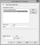 A screen shot of the Alerts tab in the Properties dialog box for a data collector set, showing options for setting the sample interval.