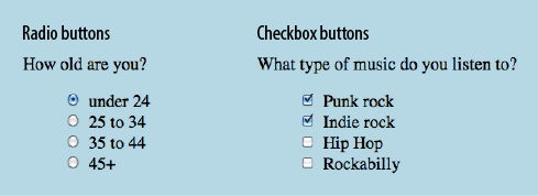 Radio buttons (left) are appropriate when only one selection is permitted. Checkboxes (right) are best when users may choose any number of choices, from none to all of them.