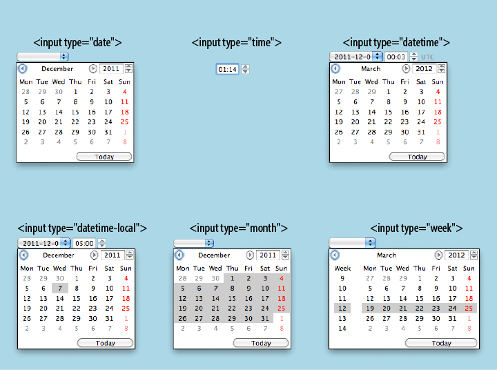 Date and time picker inputs in (Opera 11 on Mac OS X).