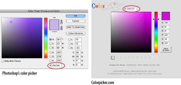 Color pickers such as the one in Photoshop (left) and Colorpicker.com (right) provide the RGB values for a selected pixel color.