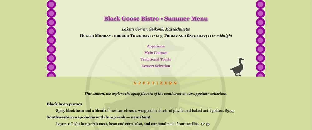 The bistro menu header with two rows of dots and a small goose graphic in the div#header element.