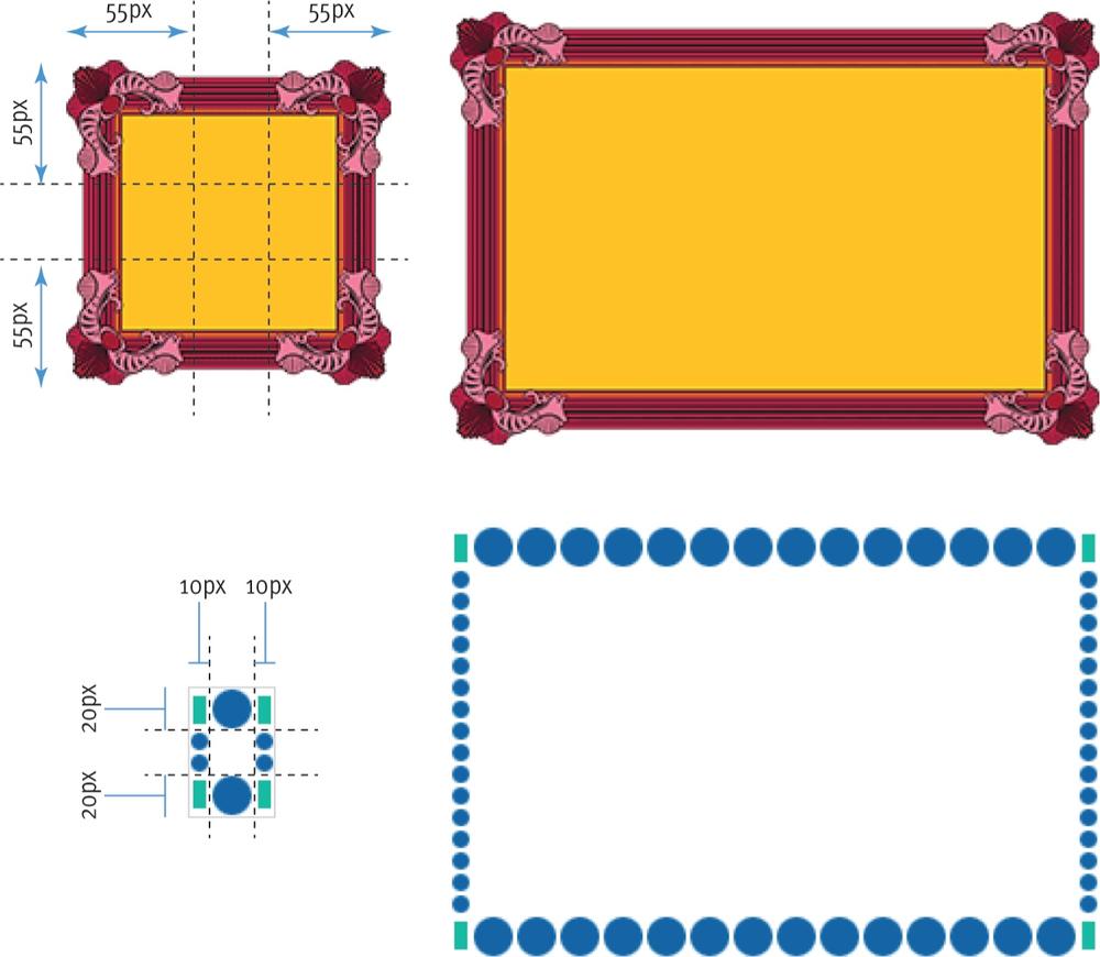 Examples of border images with stretched sides and repeated sides.