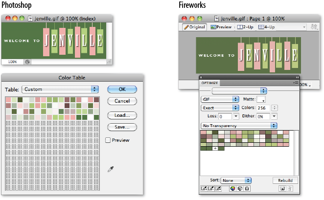 The Color Table in Photoshop and Fireworks displays the 64 pixel colors used in the image.