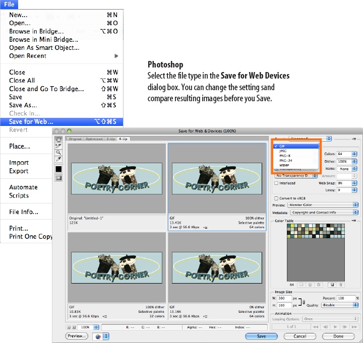 Selecting a file type in Photoshop’s handy Save for Web dialog box.