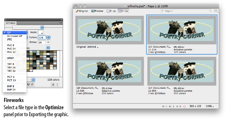 Selecting file type in the Fireworks Optimize panel