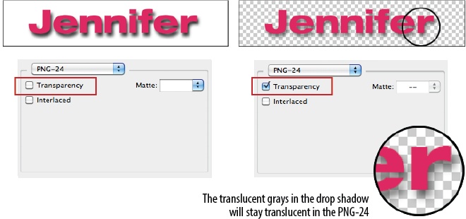 Previews of Transparency turned off (left) and on (right) in a PNG-24.