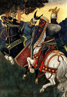 Two armed and armoured knights, one riding a black horse, the other a white, fight one another.