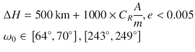 $$ \begin{aligned} & \Delta H = 500\,\text{km} + 1000 \times C_{R} \frac{A}{m},e < 0.005 \\ & \omega_{0} \in \, \left[ {{64^\circ} ,{70^\circ} } \right],\left[ {{243^\circ} ,{249^\circ} } \right] \\ \end{aligned} $$